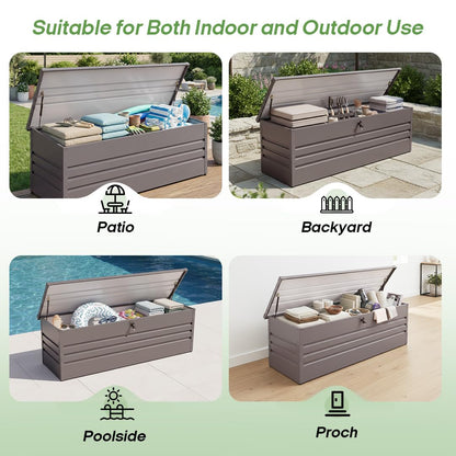 FammyLoft 260 Gallon Waterproof Outdoor Storage Box, Extra Large Outside Metal Deck Storage Box for Patio Cushions, Garden Tools, Pool Supplies, Light Gray