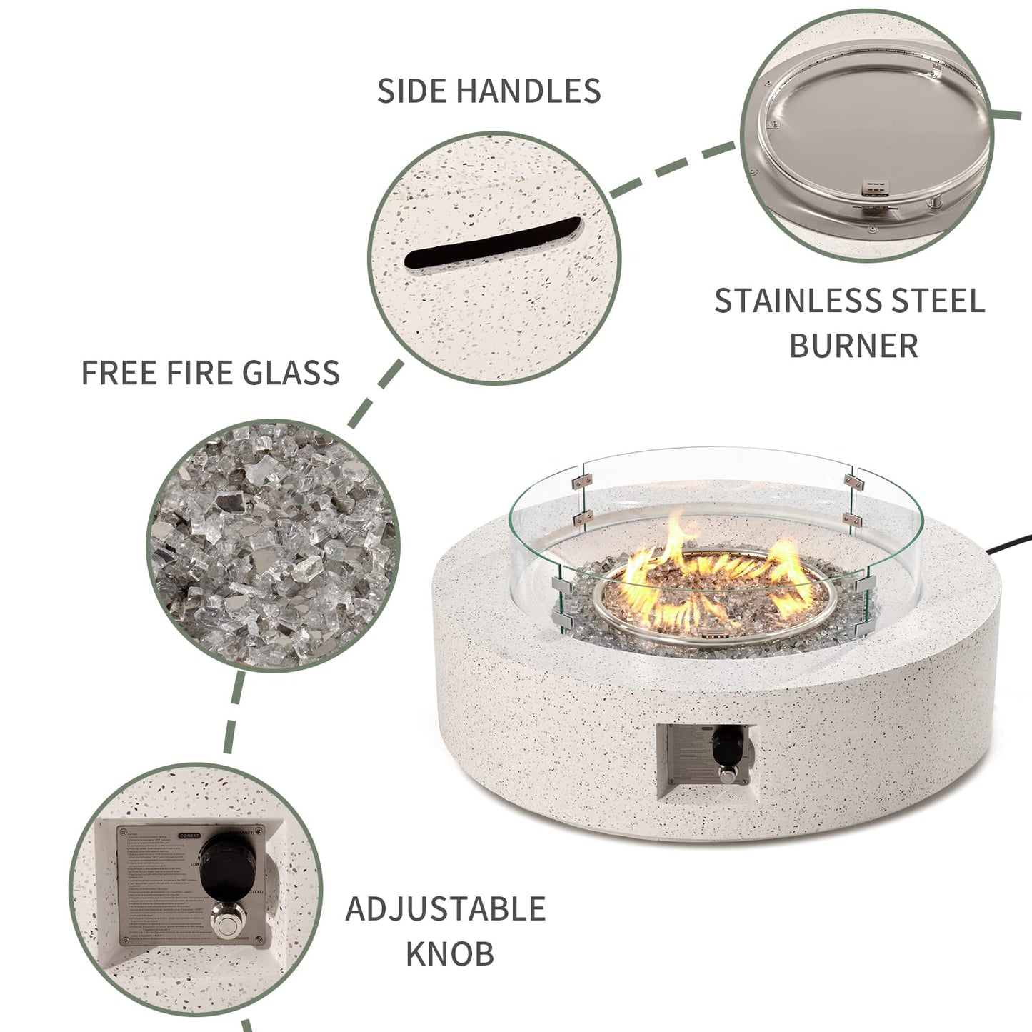COSIEST Outdoor Propane Fire Pit Coffee Table w Terrazzo White 42 inch Round Base Patio Heater, Certified, 50,000 BTU Stainless Steel Burner, Wind Guard, Transparent Gray Fire Glass, Rain Cover