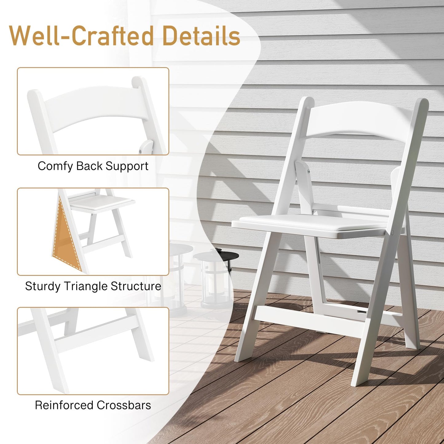 HAPPYGRILL Folding Patio Dining Chairs Set of 20, 1100 lbs Capacity Resin Padded Seats, Lightweight Portable Outdoor Chairs for Patio, Office, Weddings, Events, White (20)
