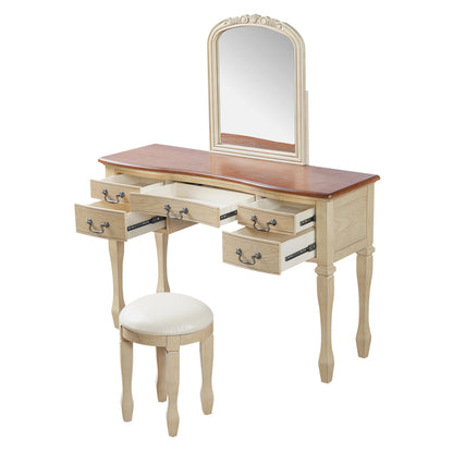 Merax 46" Vintage Makeup Vanity with Curved Flower Frame Mirror, Elegant Dressing Table with 5 Drawers and Leather Stool, Vanity Desk with Solid Wood Legs and Antique Handles for Bedroom