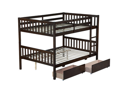 PVWIIK Full Over Full Wood Bunk Bed with 2 Drawers & Ladder for Adult Teenagers Kids Bedroom Dorm Guest Room,Convertible into 2 Full Beds Frame/Under Bed Space/No Box Spring Required,Espresso