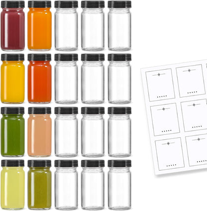 20 PACK 2 oz 20 Glass Shot Bottles w/ Black Lids & Labels - Small Clear Jar for Ginger, Wellness Shot, Juice, Sample