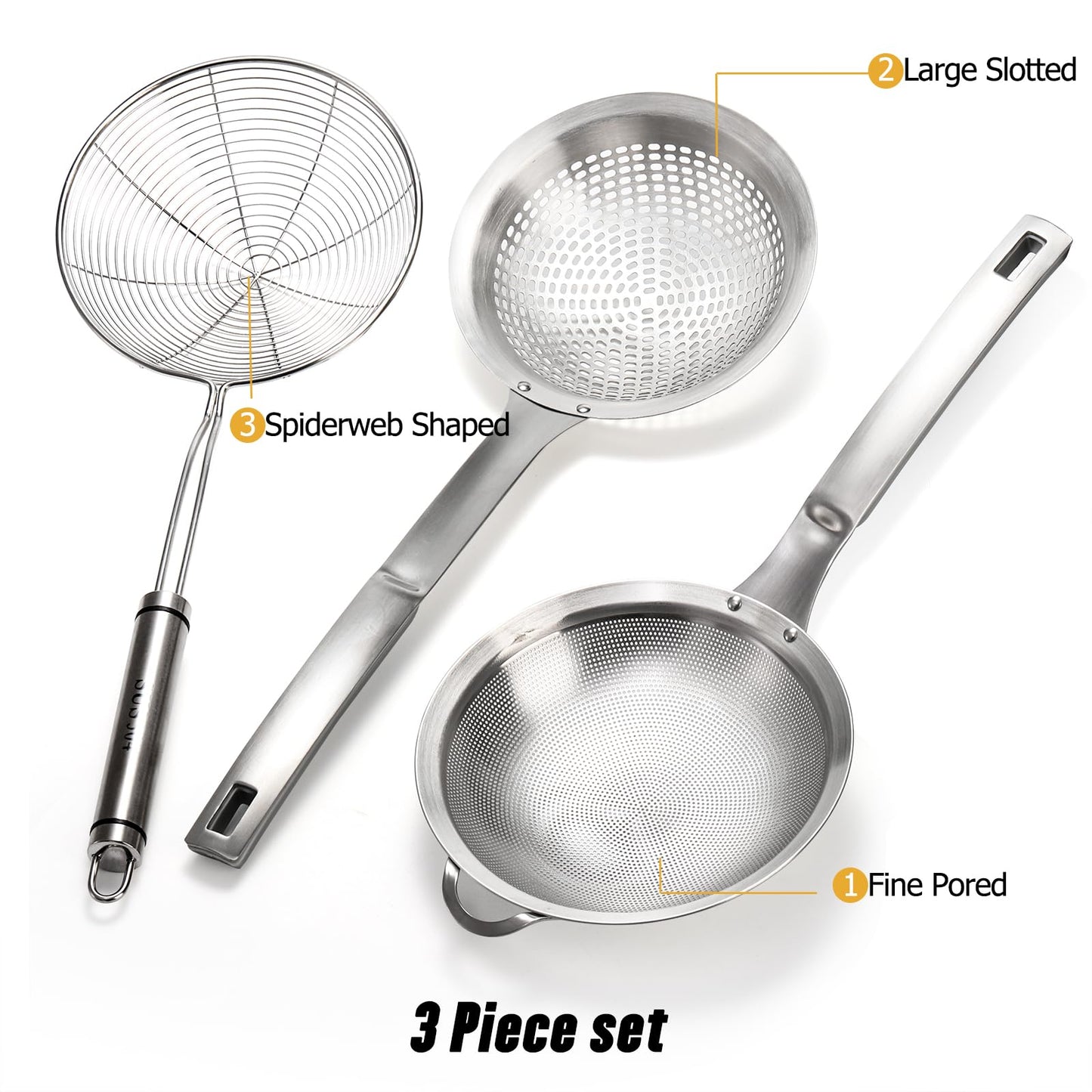 Suwimut 3 Pieces Spider Strainer Skimmer Spoon Set, Fine Mesh Stainless Steel Sieve Food Strainers, Large Hole Slotted Colander Frying Spoons, Strainer Ladle Wire Skimmer Spoon with Handle for Kitchen