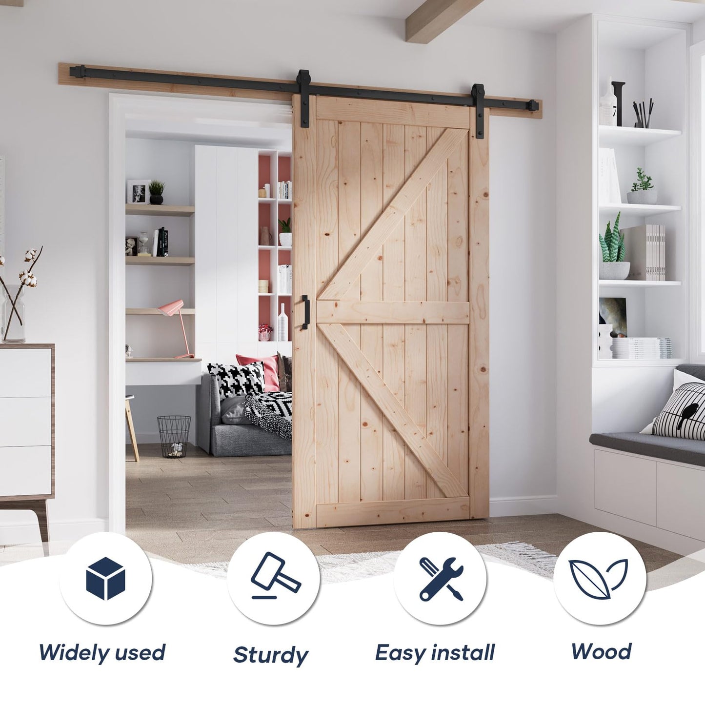 FREDBECK 40in x 84in Wood Barn Door with 7FT Barn Door Hardware Kit Included K Shape Solid Spruce Panel Need to Assembly