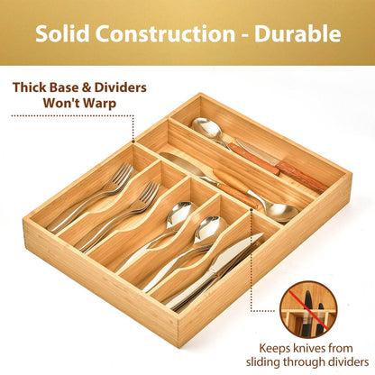 Umilife Bamboo Kitchen Drawer Organizer, 13 Inch Silverware Utensil Tray Holder, Extra Deep Grooved Drawer Divider, 7 Slots Total Bamboo Wood Caddy for Flatware Cutlery Knives, Forks, Spoons