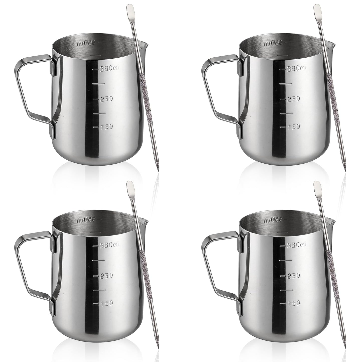 4 Pcs Stainless Steel Espresso Milk Frothing Pitcher Set with Latte Art Pen, 12 oz Milk Frother Cup, Frothing Cup for Cappuccino, Latte, Home & Cafe Use