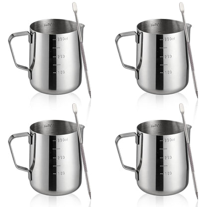 4 Pcs Stainless Steel Espresso Milk Frothing Pitcher Set with Latte Art Pen, 12 oz Milk Frother Cup, Frothing Cup for Cappuccino, Latte, Home & Cafe Use