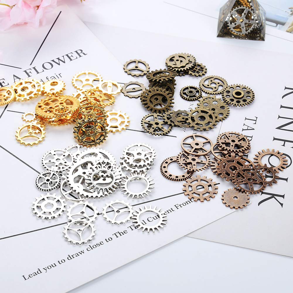 Foraineam 300 Gram (Approx. 210pcs) Assorted Antique Steampunk Gears Charms Pendant Clock Watch Wheel Gear for Crafting, Jewelry Making