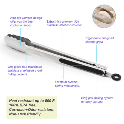 304 Stainless Steel Kitchen Cooking Tongs, 12" and 14" Set of 2 Sturdy Grilling Barbeque Brushed Locking Food Tongs with Ergonomic Grip, Black