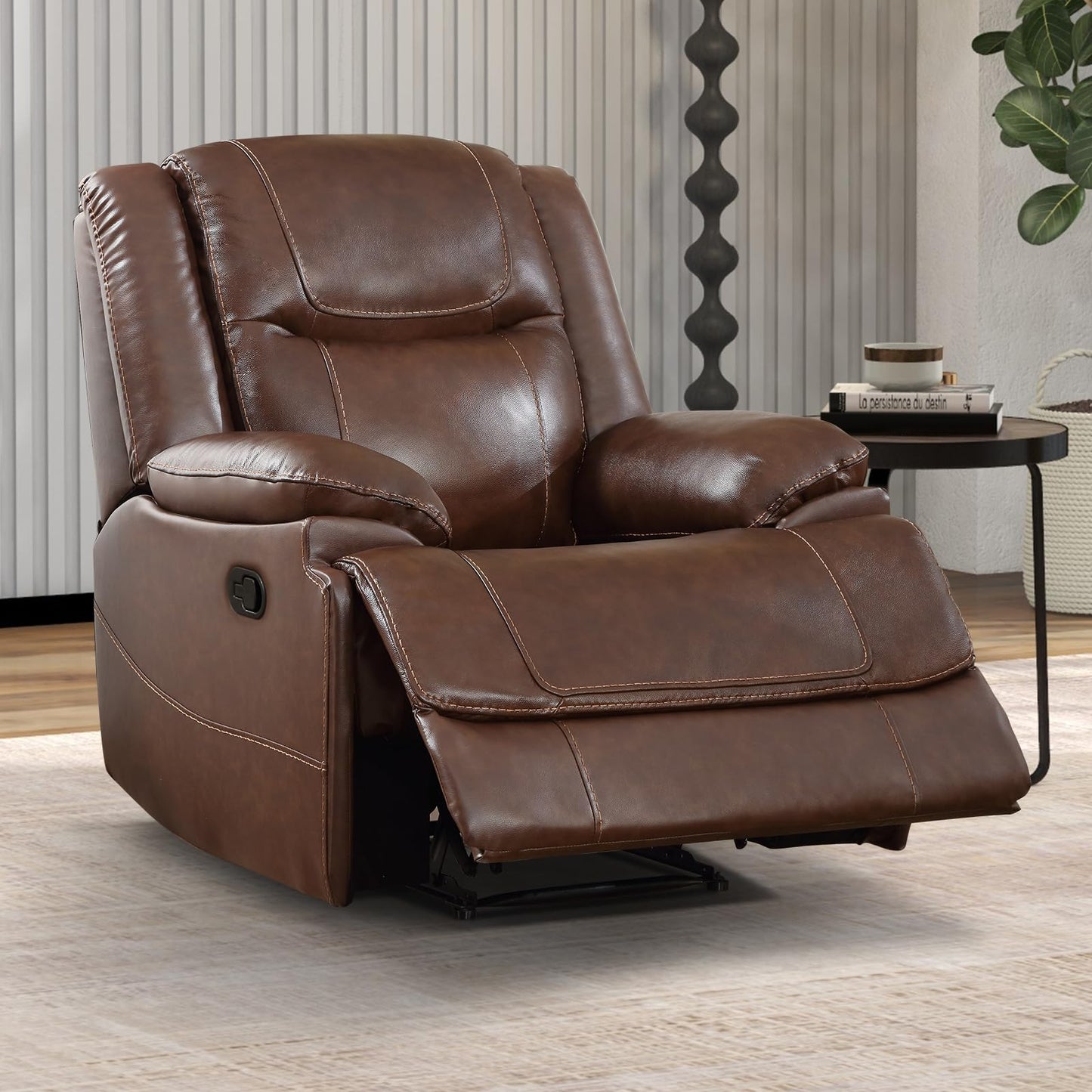EBELLO Genuine Leather Recliner Manual Chair for Living Room, 1 Seater Reclining Sofa Chair with Headrest and Armrest, Modern Durable Home Furniture for Small Space, Meeting Room, Vintage Brown