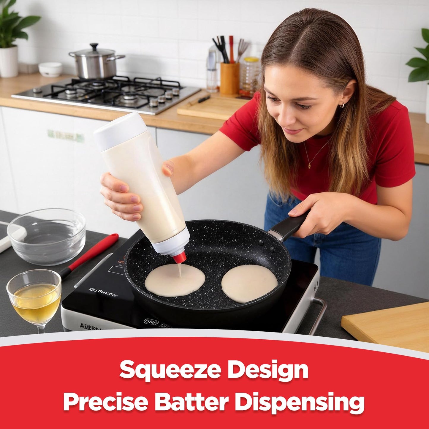 VEOOK 2-Pack Batter Dispenser with Whisk Ball, 1000ml Leak-Proof Squeeze Bottle with Stand for Pancakes, Waffles, Cupcakes & Crepes(PD-01)