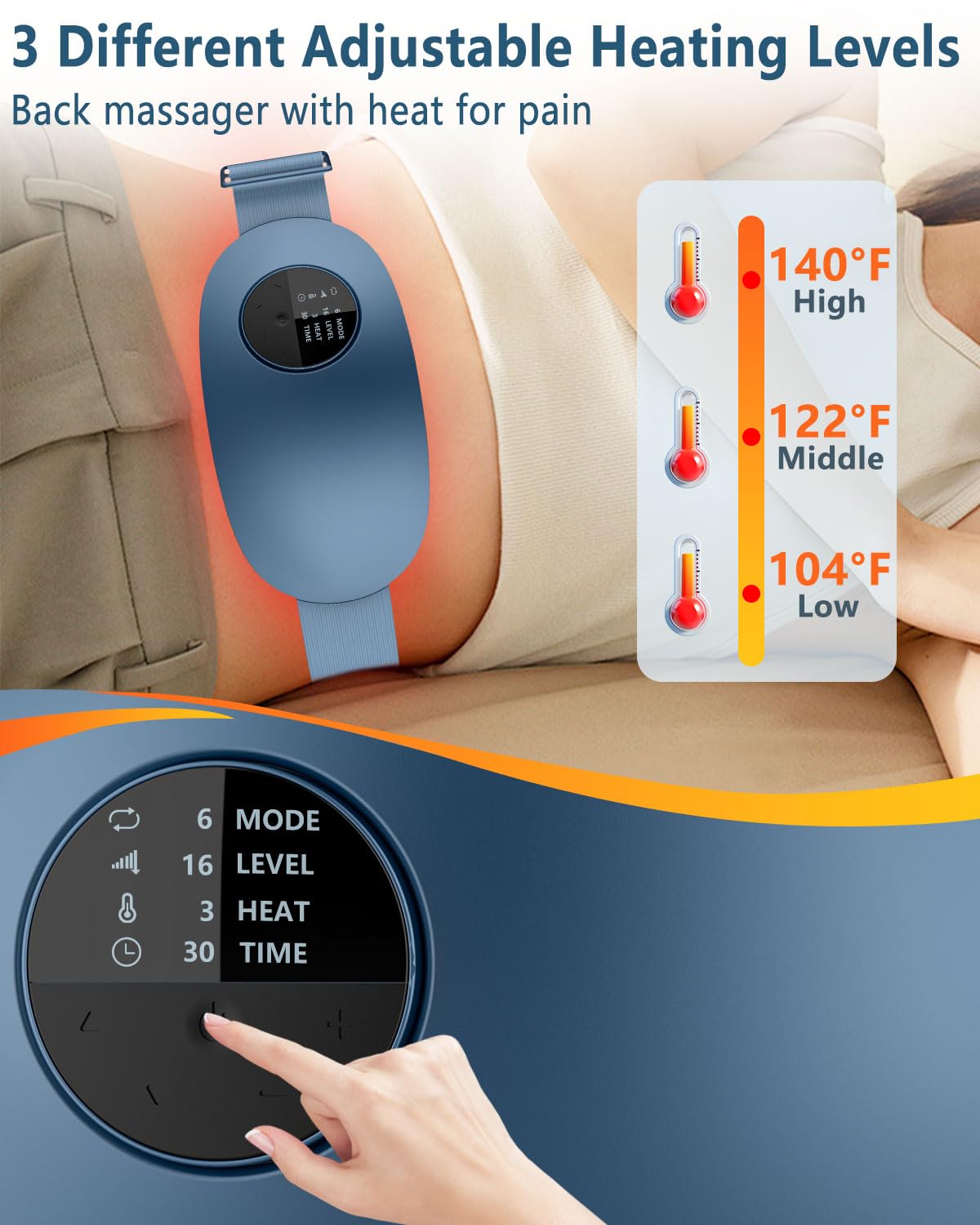 FWV Back Massager with Heat,Portable Cordless Heating Pad for Back Pain Relief Deep Tissue,Heated Lower Massager with 6 Modes&16 Levels,USB Heat Back Massage Tool Blue