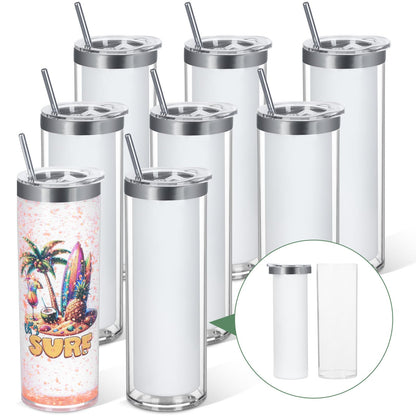 20 Oz 8 Pack Double Wall Pre Drilled Sublimation Storyboard Snow Globe Tumbler, Inner Stainless Steel Outer Plastic Insulated Storyboard Cups, DIY Interlayer for Glitter Storyboard Tumbler Gifts