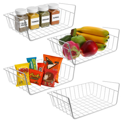 4-Pack White Under Cabinet Storage Baskets – Hanging Shelf Organizers for Kitchen, Pantry, Desk & Bookshelf – No-Tool Installation, Space-Saving Design