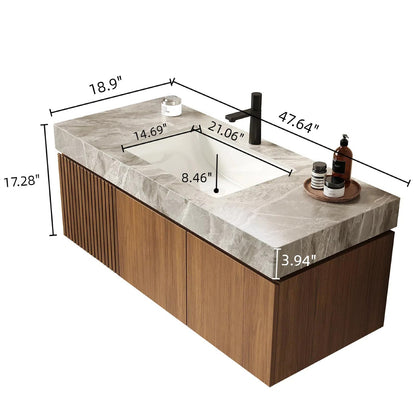 Trygoal 48" Bathroom Vanity with Sink, Wall-Mounted Plywood Bathroom Storage Cabinet with Ceramic Basin & Sintered Stone Countertop, Modern Pre-Assembled Floating Vanity with Drawer & Door, Brown Oak