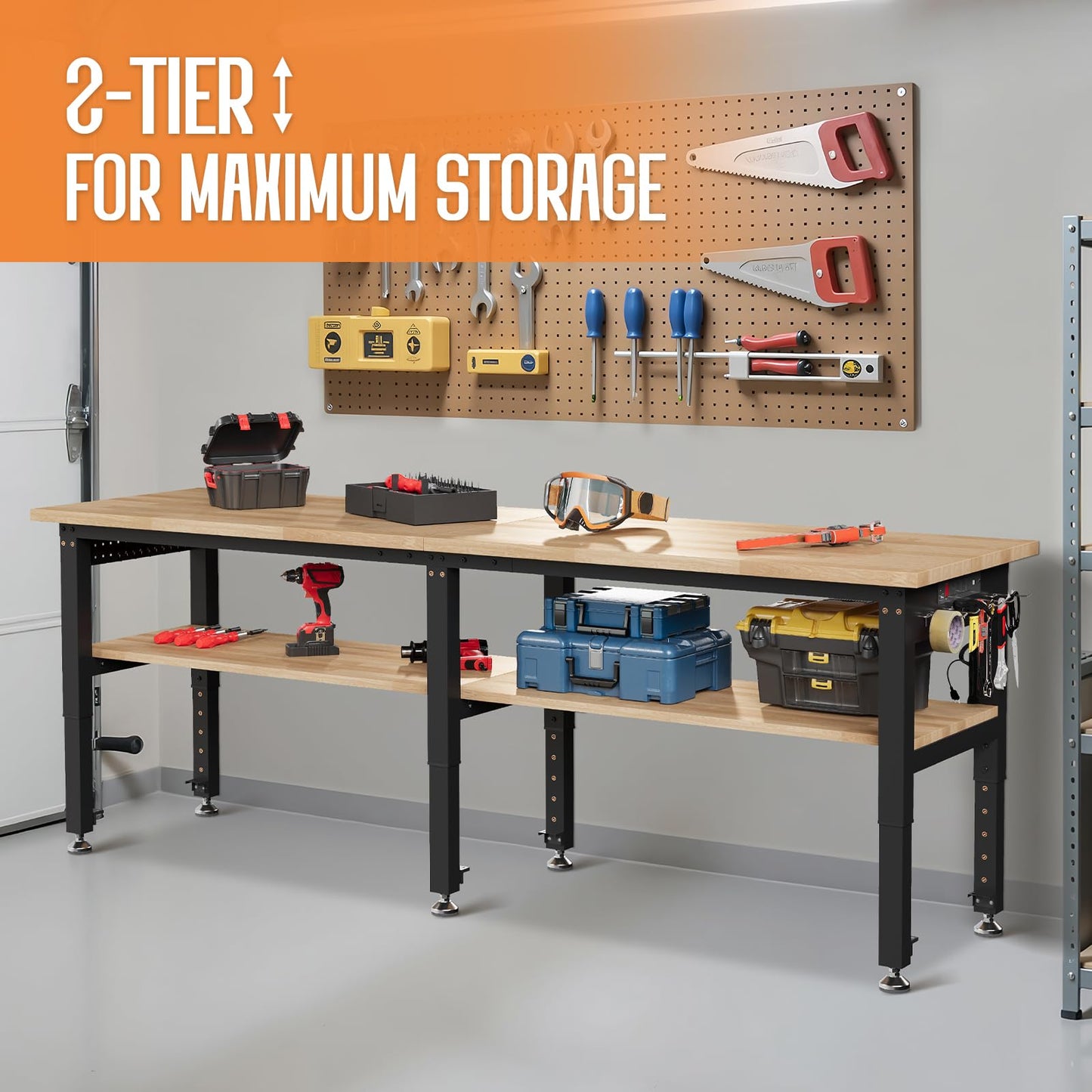 Albott 96" Adjustable 2-Tier Workbench with Solid Wood Top, Max 6000lbs Capacity, Built-in Power Strip with 4 AC Outlets & 2 USB Ports, Pegboard & 20 Hooks, Shop Garage Office