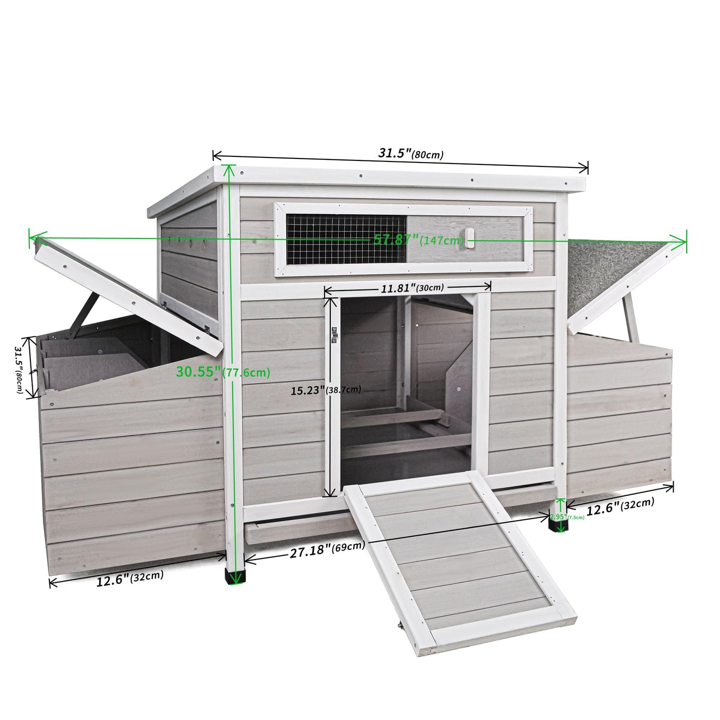 KEIKI Large Wooden Chicken Coop, Outdoor Hen House, Poultry Cage, Rabbit Hutch, Wooden Poultry Cage for Outdoor with 2 Sides Nesting Boxes, Gray+White