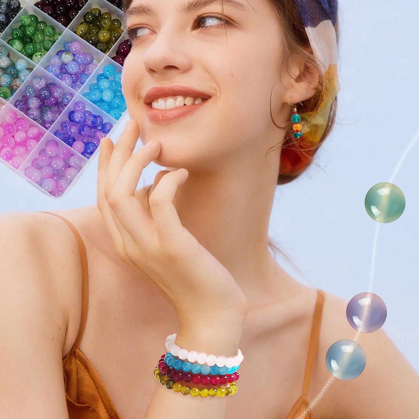 1200PCS 8mm Glass Beads Bracelet Making Kit, 24 Colors Crystal Beads for Jewelry Making, 2 Box Cataclastic Lineation Beads Suitable for Beginners