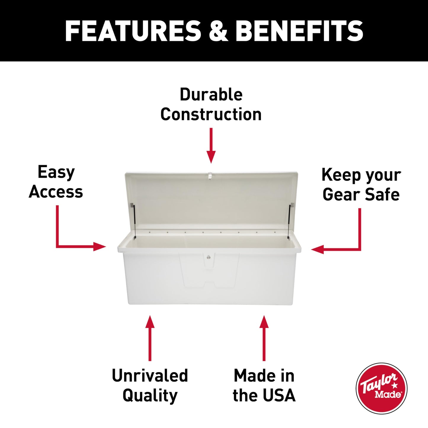 Taylor Made Stow N’ Go Deep Fiberglass Dock Box, Medium (27"H X 72"W X 26"D), White, Smooth Interior Finish, Lockable Latch, Stainless-Steel Hardware - 83554