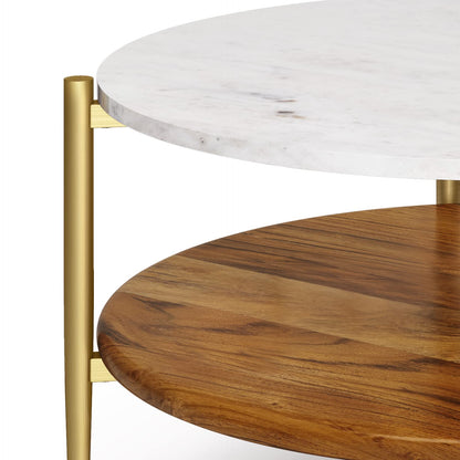 SIMPLIHOME Wagner Coffee Table - 30 inch Wide Solid Acacia Wood and Genuine Marble Round Living Room Table in White and Natural, Mid-Century Modern Table for Family Room with Gold Metal Base and Legs