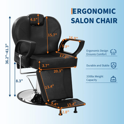 GarveeLife Heavy Duty Barber Chair for Hair Stylist, 360° Swivel Hydraulic Reclining Salon Chair with Adjustable Headrest & Pump, Shampoo Chair for Beauty Spa & Tattoo Artists, Max Load 330 Lbs