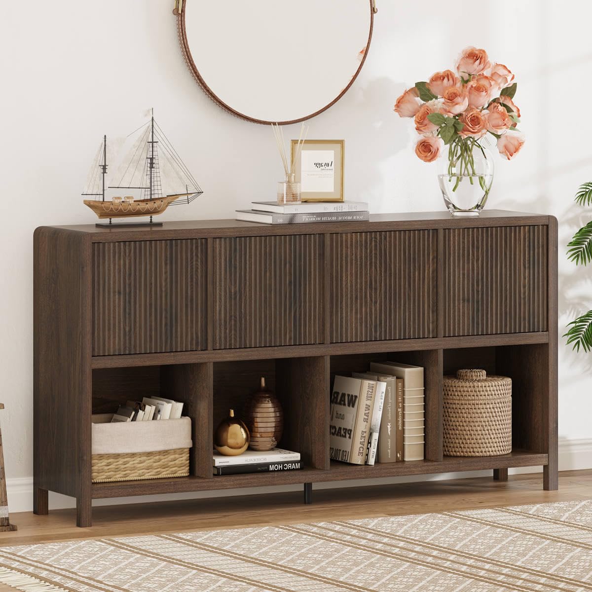 FATORRI 8 Cube Storage Organizer Bookshelf with Storage, Horizontal Bookcase with 4 Doors, Long Wooden Book Shelf for Living Room, Home Office (Dark Walnut)