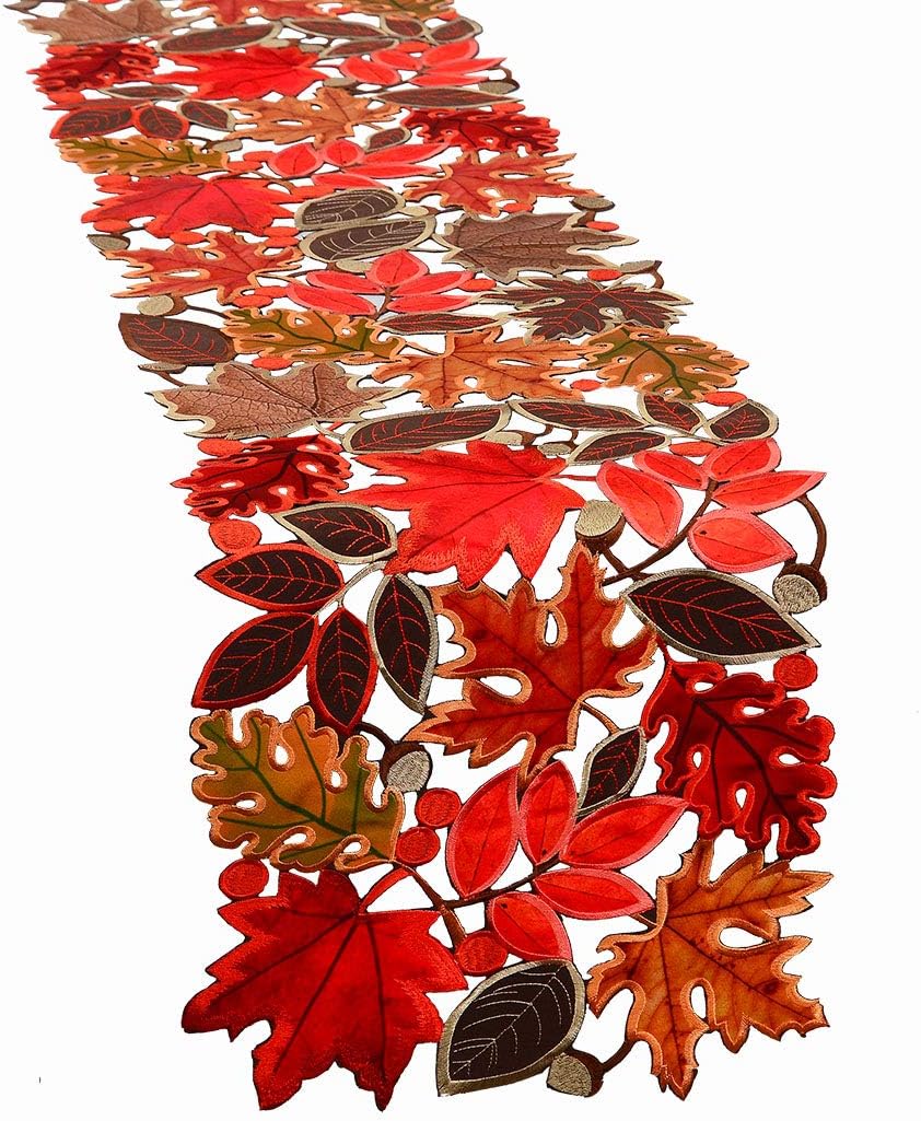 Simhomsen Embroidered Leaves Table Runner for Thanksgiving, Fall Decorations, Dresser Scarf (14 × 53 inches)