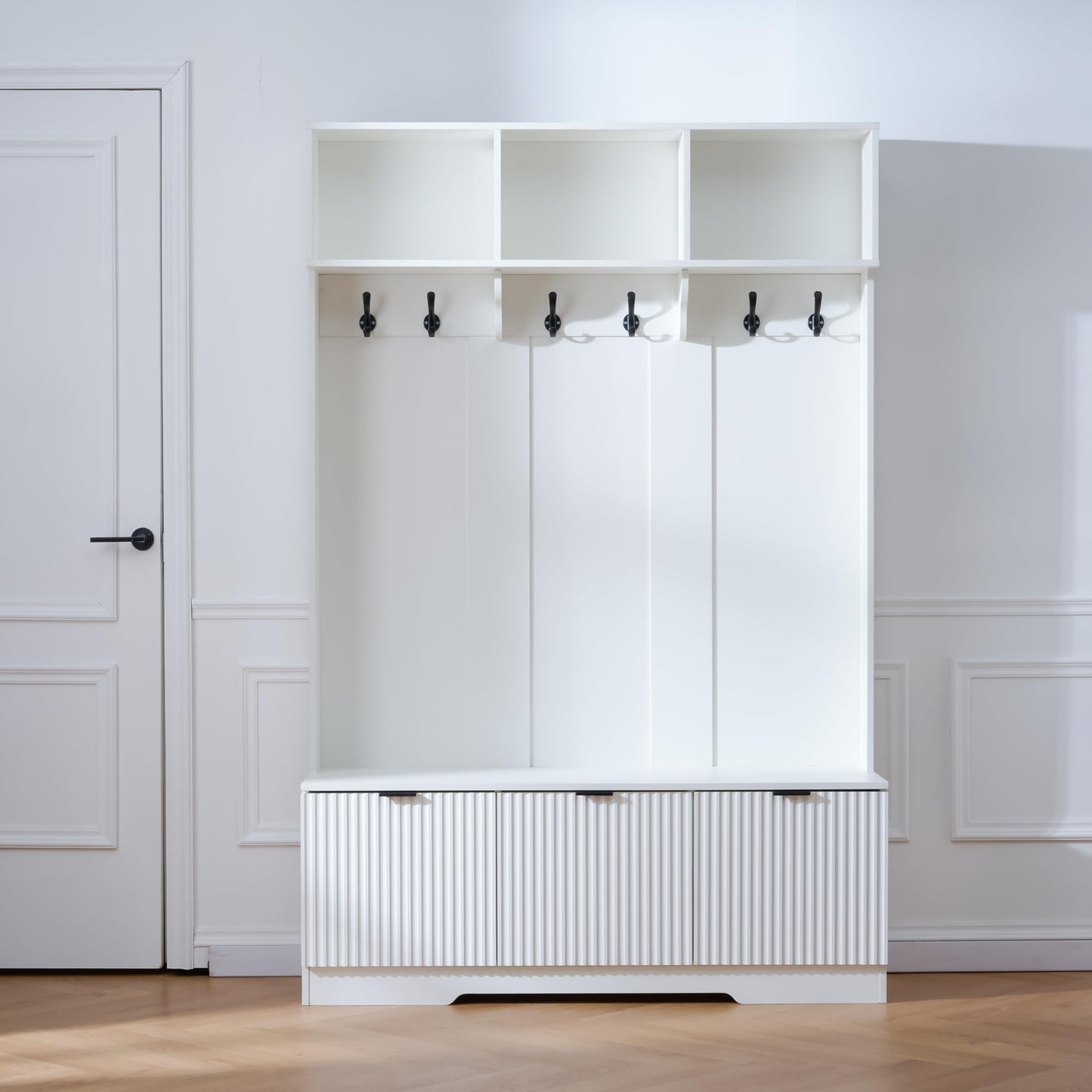 49.6" 5-in-1 Hall Tree with Bench Shoe Storage 3 Open Storage Cabinets, Farmhouse Entryway Cabinet with High Gloss Fluted Doors Coat Rack with 6 Hooks Shoe Cabinet for Hallway Living Room White