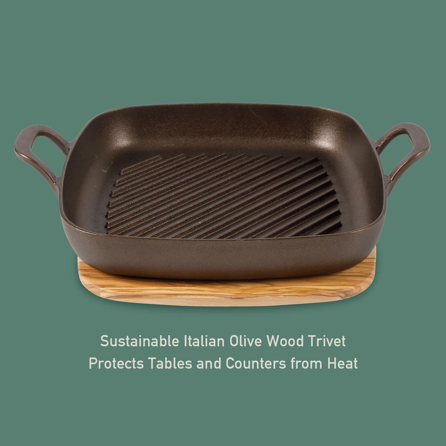 Bloomhouse - Two Time Oprah's Favorite Things Winner - Natural Bronze Finish 12" Square Cast Iron Grill Pan – Olive Oil Treated Surface w/Dual Handles & Olive Wood Trivet, Oven Grill Campfire Safe