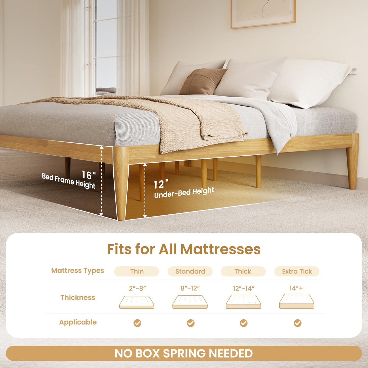 IOTXY Full Platform Bed Frame - Solid Wood 16-Inch Height Mattress Foundation Base with Densely Slats and Heavy-Duty Support Legs, No Box Spring Needed, Oak