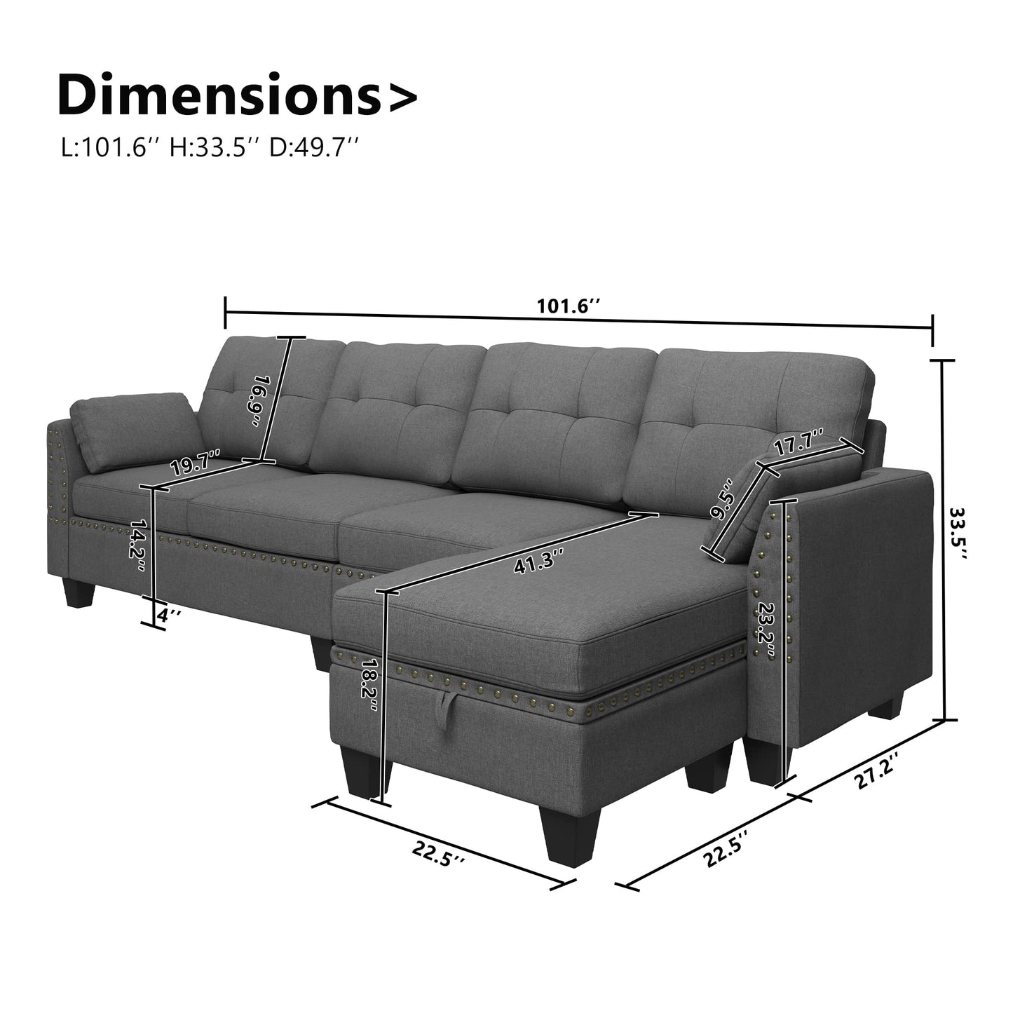 HONBAY Convertible Sectional Sofa L Shaped Couch Reversible Sectional Couches for Living Room,Grey