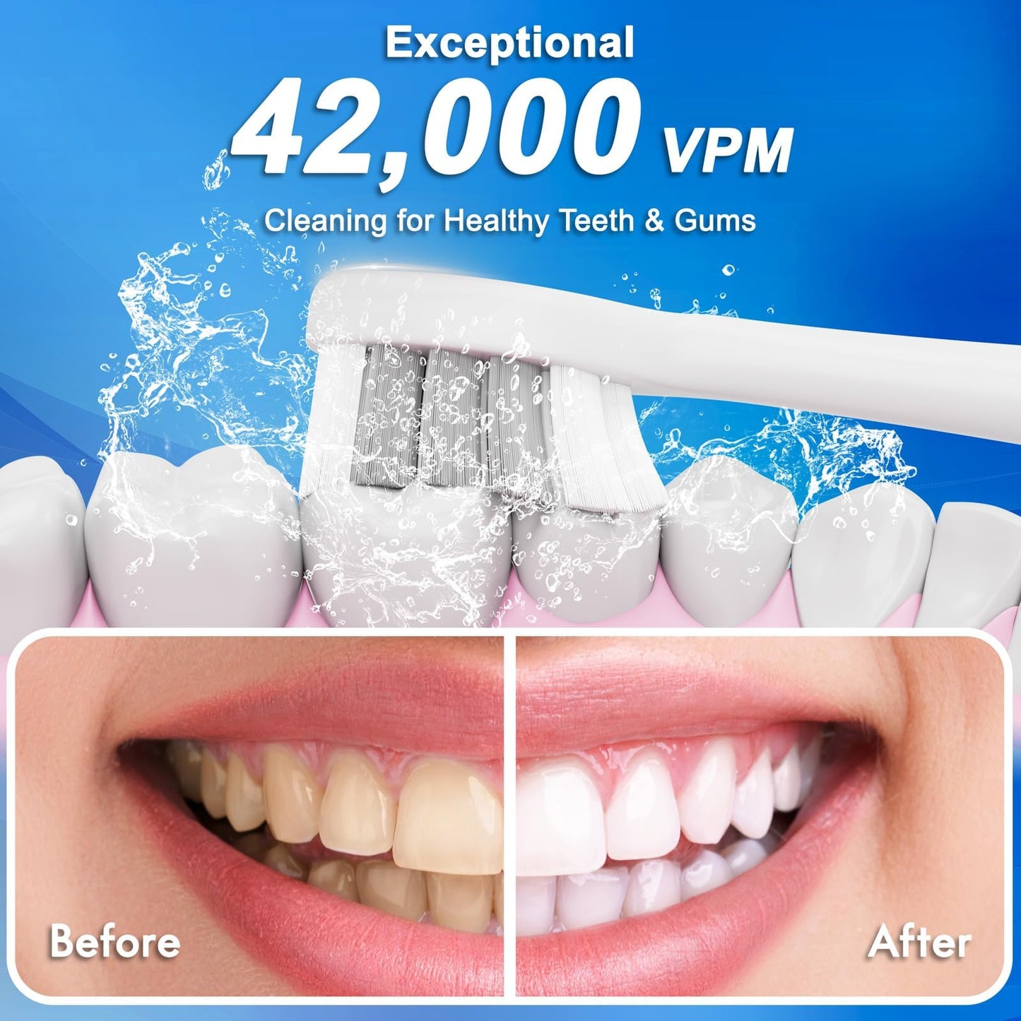 Sonic Electric Toothbrush for Adults and Kids, Comes with 10 Brush Heads & Travel Case, 5 Modes with 2 Minutes Built in Smart Timer, One Charge for 90 Days, 42,000 VPM Motor (Black)
