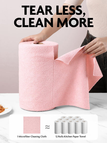 Fantasticlean Microfiber Cleaning Cloth Roll -40 Pack, Tear Away Microfiber Towels, 12" x 12", Reusable, Washable, Lint Free, Ultra Absorbent Dishcloth for Car, Pet, Kitchen Cleaning Supplies (Pink)