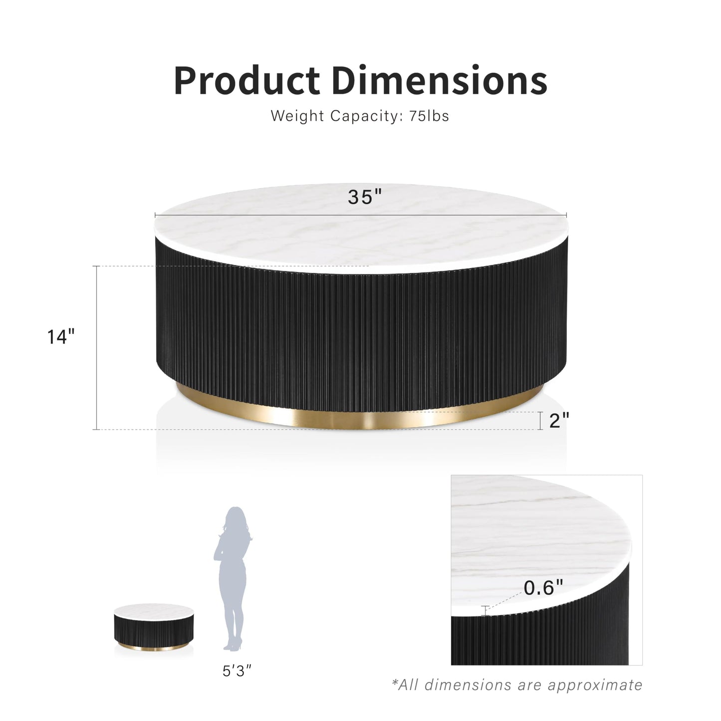Furniture of America Beryl Modern Round White Genuine Marble Top Coffee Table with Fluted Pedestal Base and Gold Stainless Steel Accent, Low Profile Table for Living Room, Home Office, Black