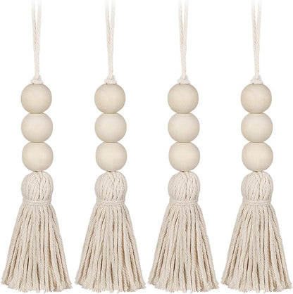 Garneck 4pcs Natural Cotton String Tassel Wood Beads, Handmade Wooden Pendant for Closet Door Handle Decor