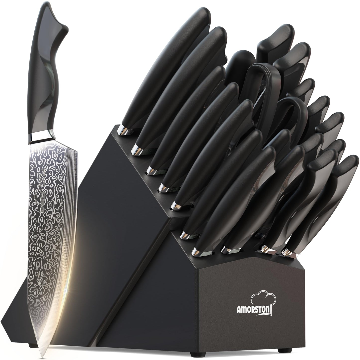 Amorston 22 Pieces Knife Set, Laser Engraved High Carbon Stainless Steel Knife Block Set, Full Tang Professional Kitchen Knife Set with Built-in Sharpener, Mothers Day Gifts for Kitchen