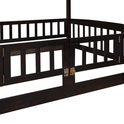 Bellemave Bunk Bed Full Over Full with Slide and Stairs, Bunk Bed for Kids, Girls, Boys, Floor Bunk beds with Fence and Door, Espresso