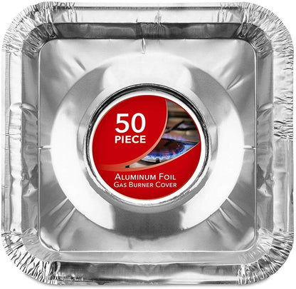 Disposable Gas Burner Liners (50 Pack) Aluminum Foil Square Gas Stove Burner Covers - 8.5 Inch Gas Range Protector, Stove Top Covers for Gas Burners, Foil Liners to Catch Oil, Grease, and Food Spills