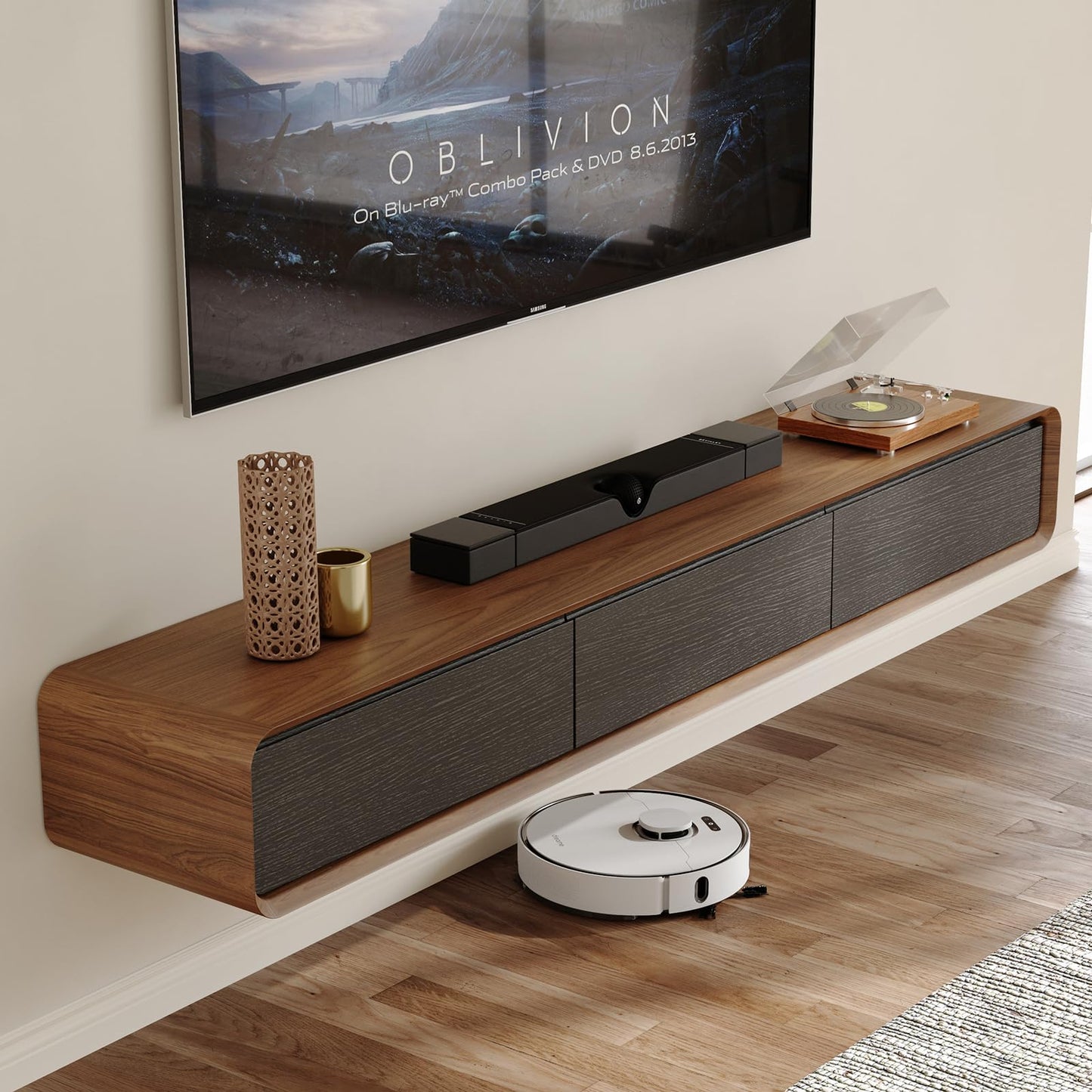 POVISON Fully-Assembled Minimalist Floating TV Stand, Modern Wall-Mounted Entertainment Center with 3 Flip-Down Cabinet Doors, Wood Media Console