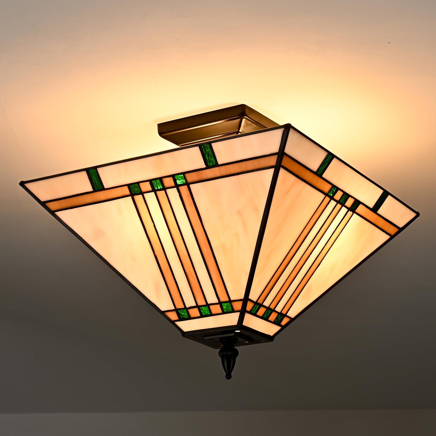 DAYCENT Tiffany Ceiling Lights, Stained Glass Ceiling Light Fixtures 3-Light 14 Inches Vintage Tiffany Style Semi Flush Mount Lamp for Bedroom Foyer Entryway Dining Room, Black Finish