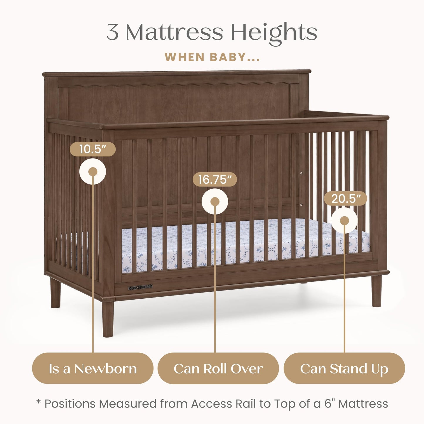 Delta Children Penelope 6-in-1 Convertible Crib - Greenguard Gold Certified, Teak Brown