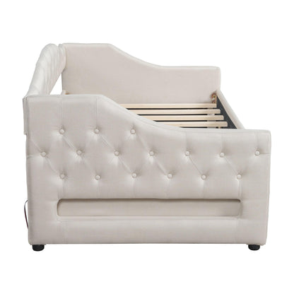 Ball & Cast Twin XL Size Daybed with Storage Drawers and LED Light, Linen Upholstered Day Bed Frame with Solid Wood Slats for Guest Room,Apartment,No Spring Box Needed, Easy Assembly,Beige