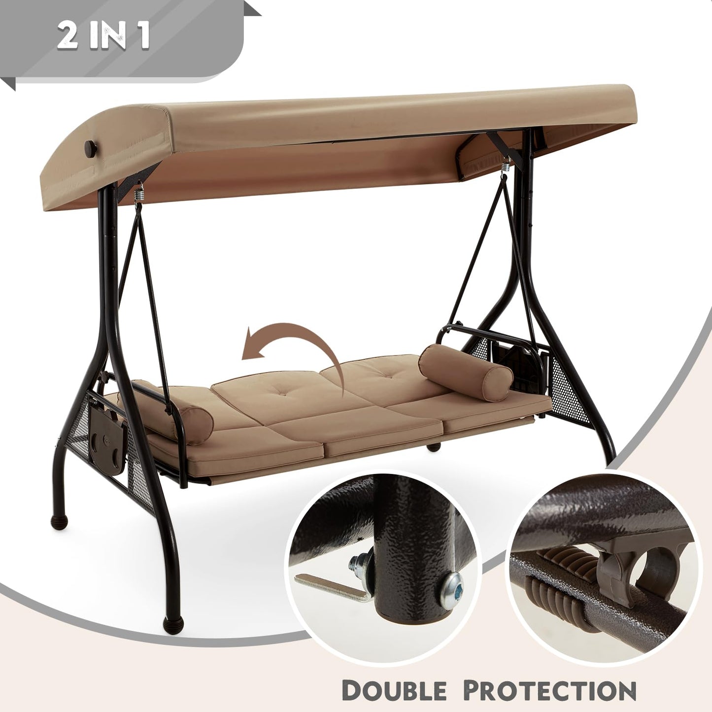 HOMREST 3 Seat Outdoor Porch Swing with Adjustable Canopy, Convertible Patio Swing Bed with Stand, Patio Glider Swing with Upgraded Cup Holder, Thicken Cushions ＆ Pillow for Backyard(Brown)