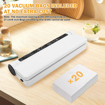 Vacuum Sealer Machine for Food, 75KPA Strong Suction, Moist/Dry Modes, 20 Vacuum Seal Bags for Food, Digital Countdown Timer, Compact Lightweight,with Starter Kits(White)