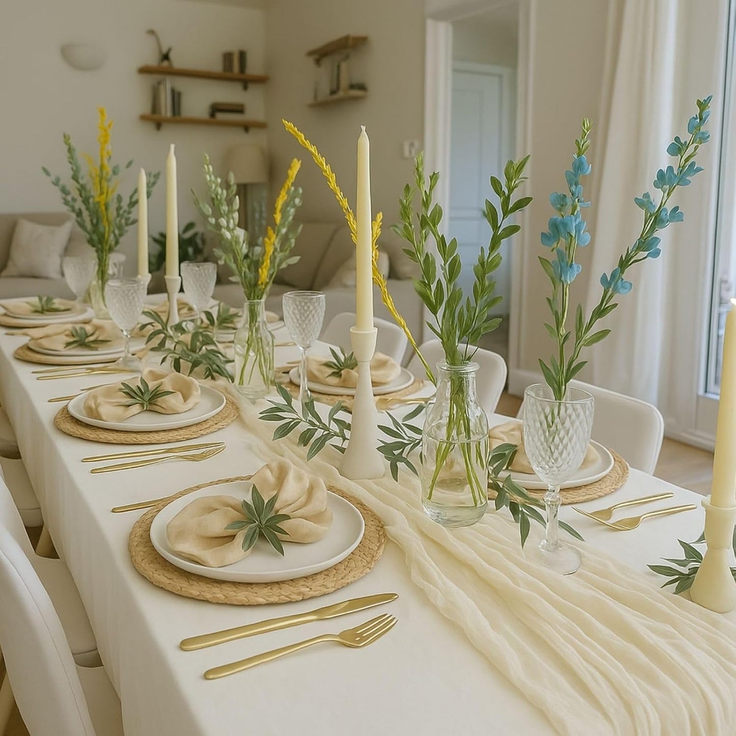 6 Pack 10FT 120 Inch Beige Cheesecloth Table Runner Soft Gauze Boho Table Runners for Baby Shower, Coastal Wedding