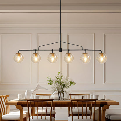 Lzawvm Modern Linear Chandelier Black and Gold Chandelier Dining Room Light Fixture 6 Lights Linear Pendant Light with Seedes Glass Globe Shade for Farmhouse Island Over Tble, Length 51.58 Inch