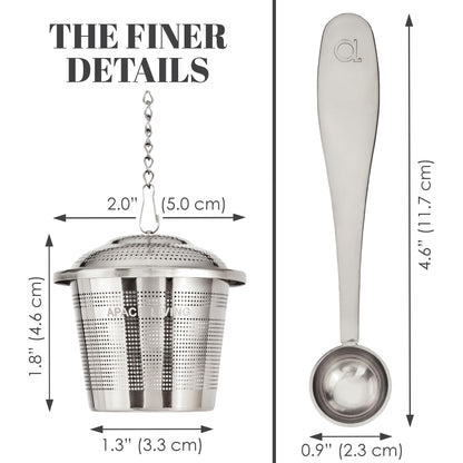 Tea Infuser (Set of 2) with Tea Scoop and Drip Dray - Ultra Fine Tea Strainer for Loose Leaf Tea - Stainless Steel Tea Steeper for a Superior Brewing Experience