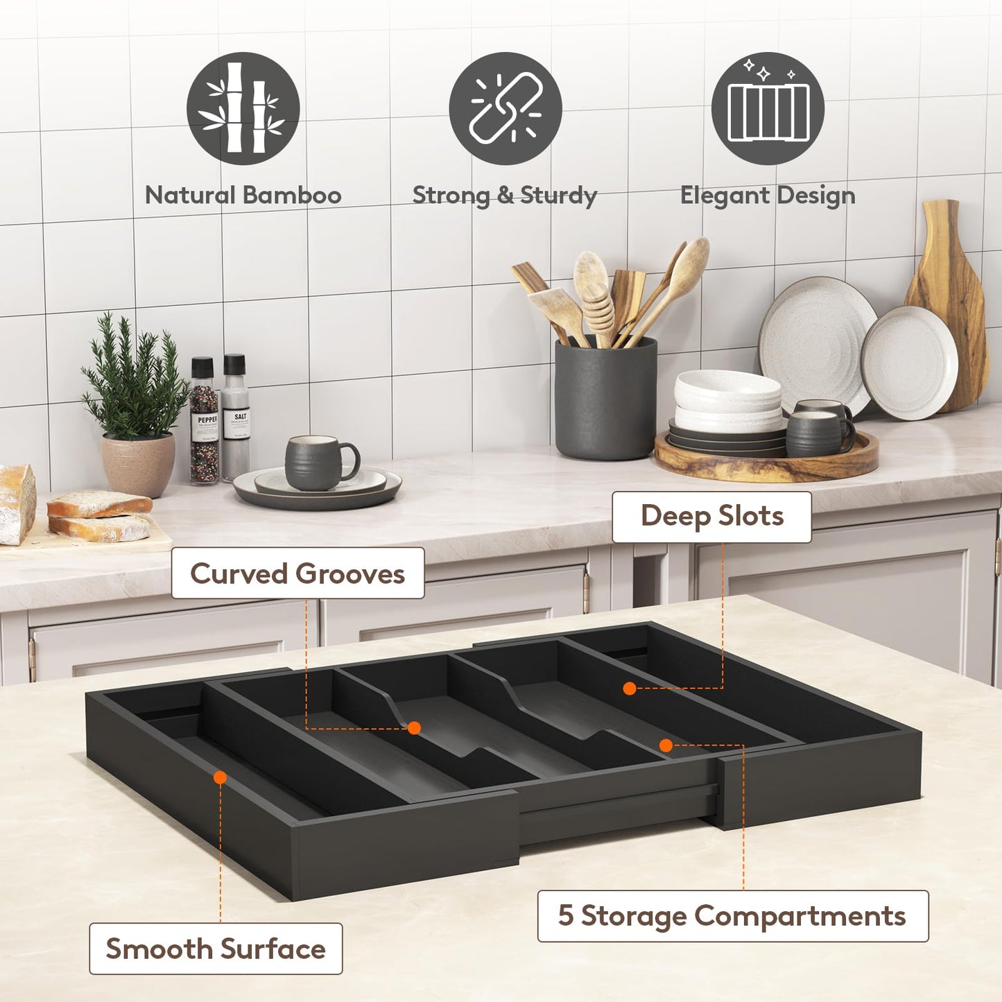 Lifewit Utensil Organizer for Kitchen Drawer, Expandable 13 to 22.4 Inches Wide, Adjustable Cooking Silverware Tray, Bamboo Cutlery Flatware Holder, Spatula Tools and Gadgets Storage Divider, Natural