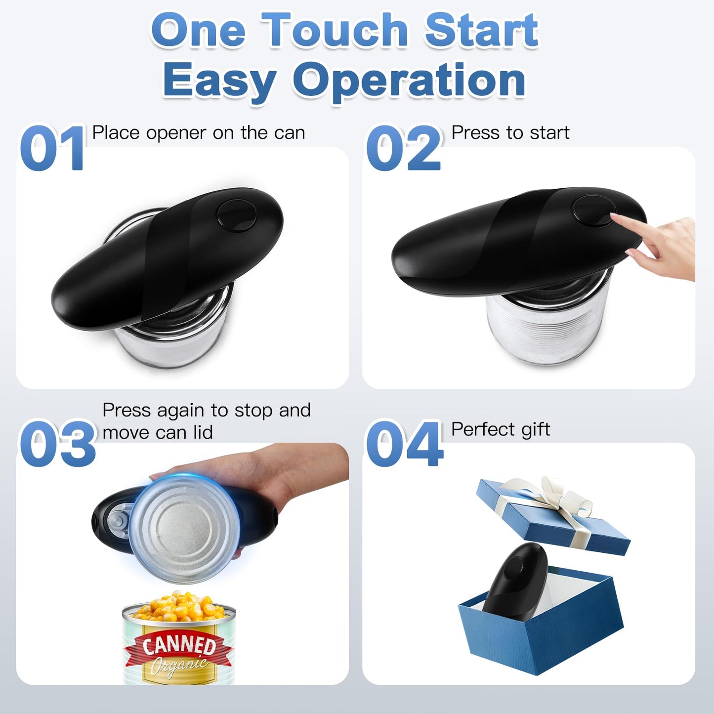 Automatic Electric Can Opener for Seniors & Arthritis, One-Touch Hands-Free Operation, Fits All Can Shapes, Smooth Edge, Battery Powered Portable Kitchen Gadget