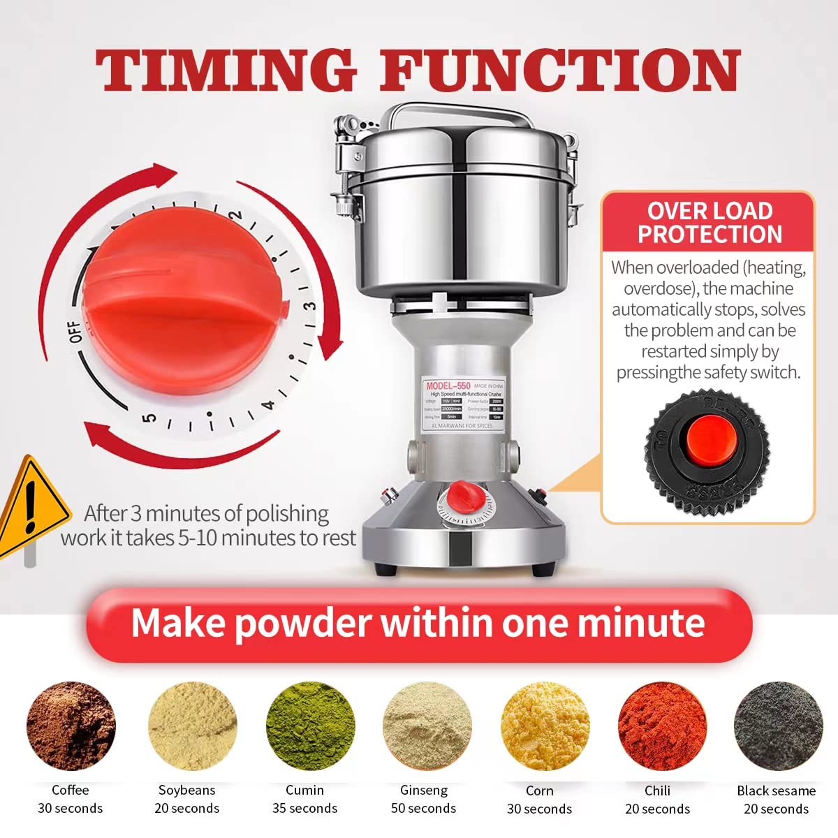 LEJIEYIN Electric herb Grinder 550g High Speed Electric Stainless Steel Spice Flour Mill Herb Grinder Powder Machine for Dry Food Grin